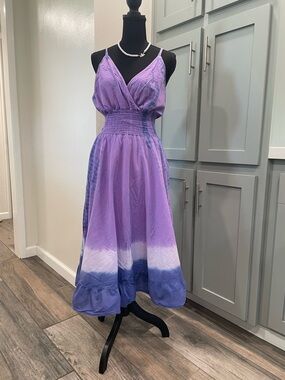 Smocked Waist Purple Tie-Dye Midi Dress with Adjustable Straps